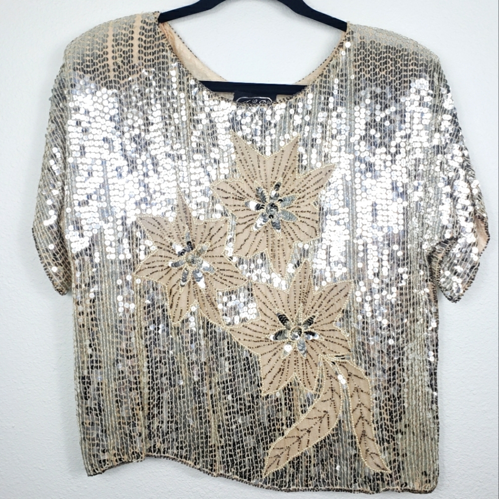 Vintage All Over Sequin Floral & Beaded Short Sleeve Blouse Ivory & Silver Large